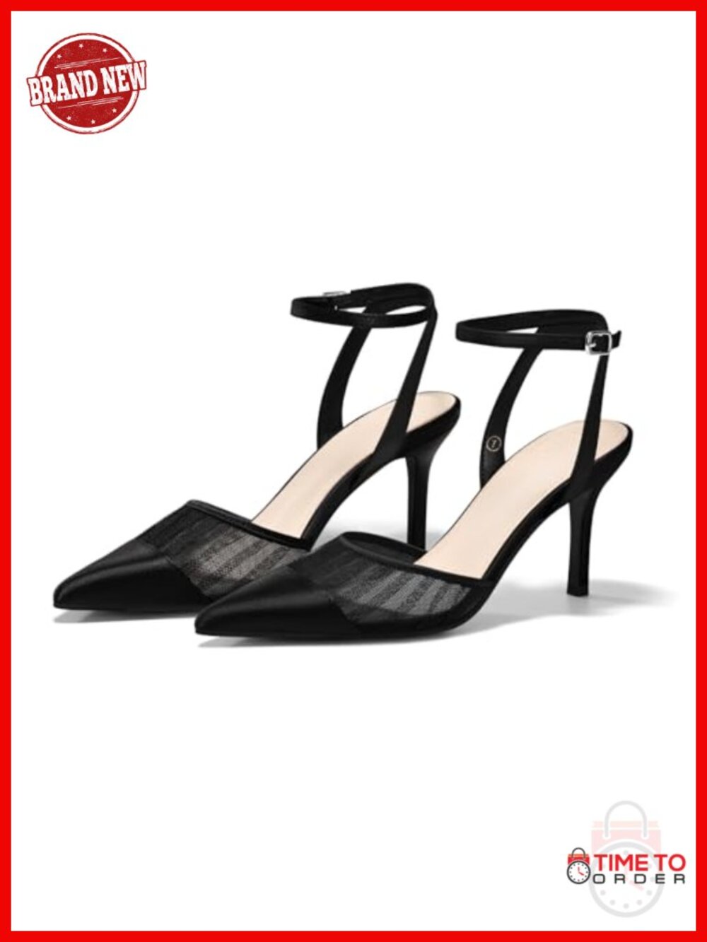 Coutgo Womens Pointed Toe Satin Mesh Stiletto High Heels Ankle Strap Pumps